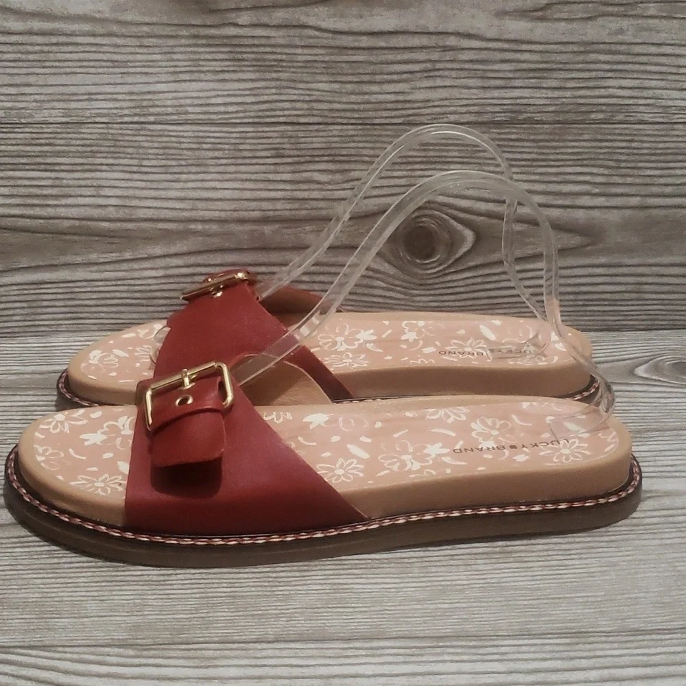 Lucky Brand red brick slide open toe flat mules sandals woman size 10 new